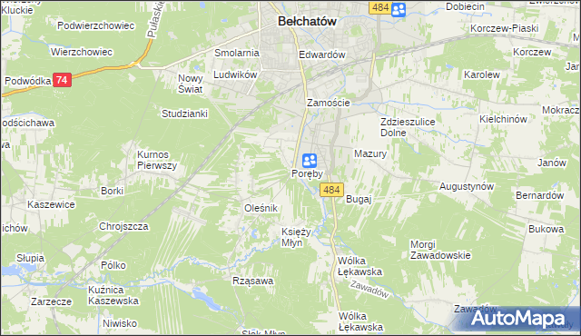 mapa Poręby gmina Bełchatów, Poręby gmina Bełchatów na mapie Targeo