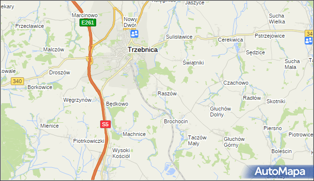 mapa Raszów gmina Trzebnica, Raszów gmina Trzebnica na mapie Targeo