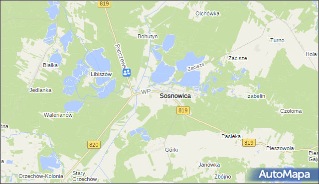 mapa Sosnowica powiat parczewski, Sosnowica powiat parczewski na mapie Targeo