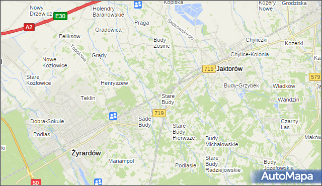 mapa Stare Budy gmina Jaktorów, Stare Budy gmina Jaktorów na mapie Targeo