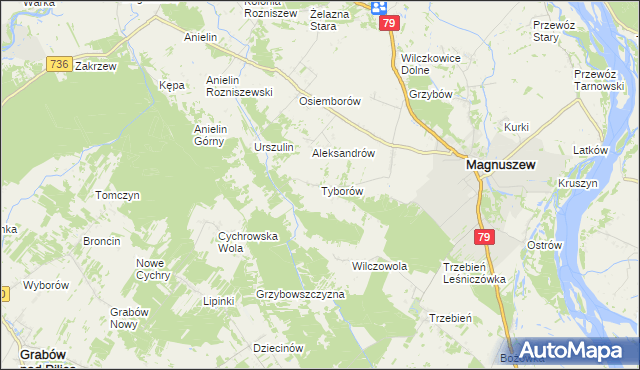 mapa Tyborów gmina Magnuszew, Tyborów gmina Magnuszew na mapie Targeo