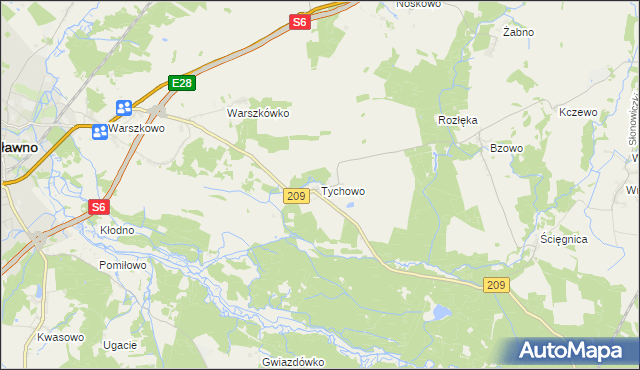 mapa Tychowo gmina Sławno, Tychowo gmina Sławno na mapie Targeo