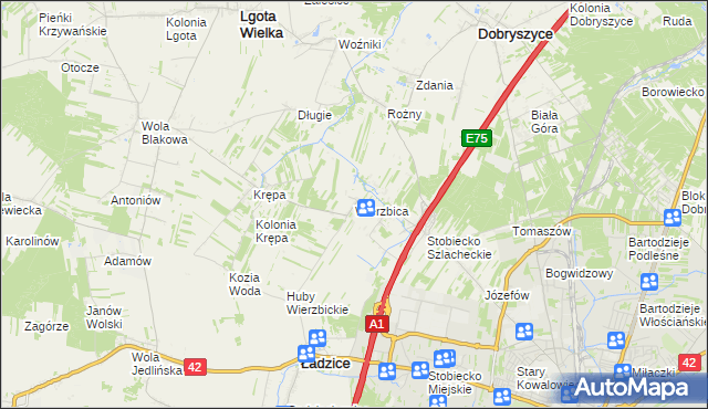 mapa Wierzbica gmina Ładzice, Wierzbica gmina Ładzice na mapie Targeo