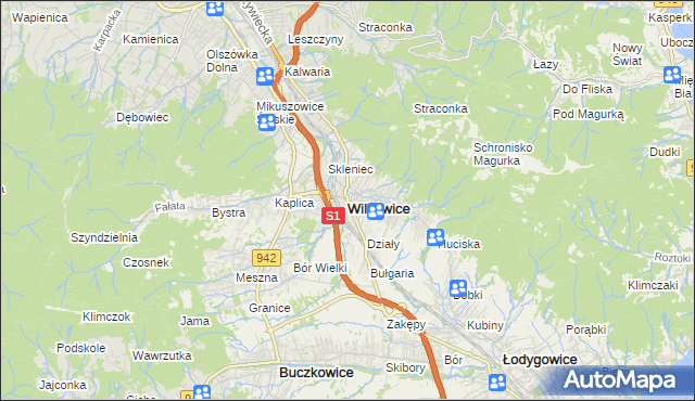 mapa Wilkowice powiat bielski, Wilkowice powiat bielski na mapie Targeo