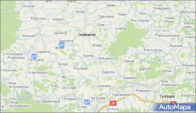 mapa Wilkowisko gmina Jodłownik, Wilkowisko gmina Jodłownik na mapie Targeo