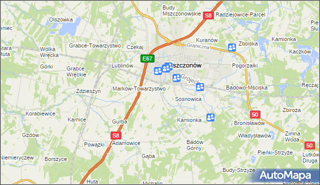 mapa Wymysłów gmina Mszczonów, Wymysłów gmina Mszczonów na mapie Targeo