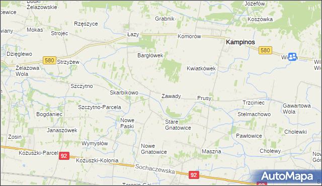 mapa Zawady gmina Kampinos, Zawady gmina Kampinos na mapie Targeo