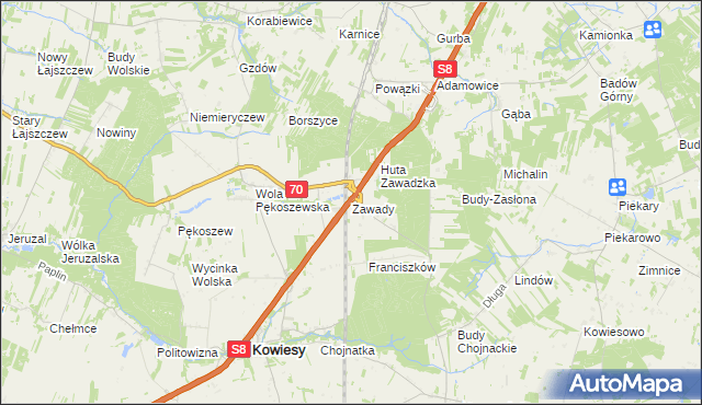 mapa Zawady gmina Kowiesy, Zawady gmina Kowiesy na mapie Targeo