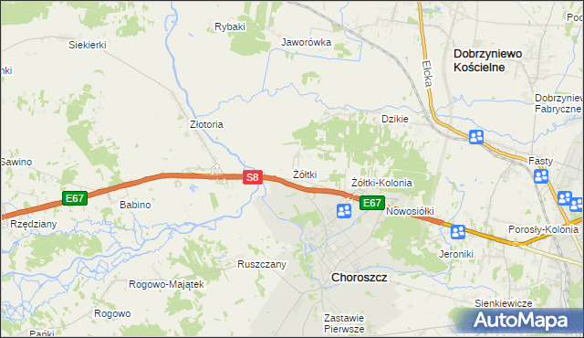 mapa Żółtki gmina Choroszcz, Żółtki gmina Choroszcz na mapie Targeo