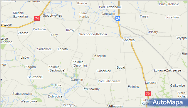 mapa Bożęcin gmina Wilczyce, Bożęcin gmina Wilczyce na mapie Targeo