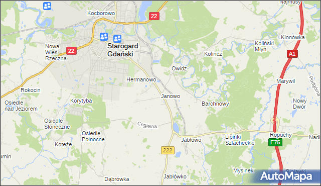 mapa Janowo gmina Starogard Gdański, Janowo gmina Starogard Gdański na mapie Targeo