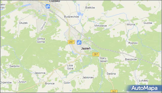 mapa Jasień powiat żarski, Jasień powiat żarski na mapie Targeo