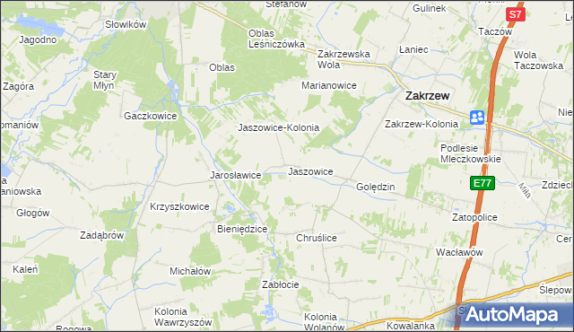 mapa Jaszowice gmina Zakrzew, Jaszowice gmina Zakrzew na mapie Targeo