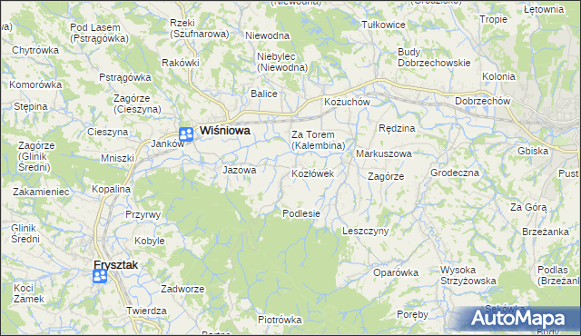 mapa Kozłówek gmina Wiśniowa, Kozłówek gmina Wiśniowa na mapie Targeo