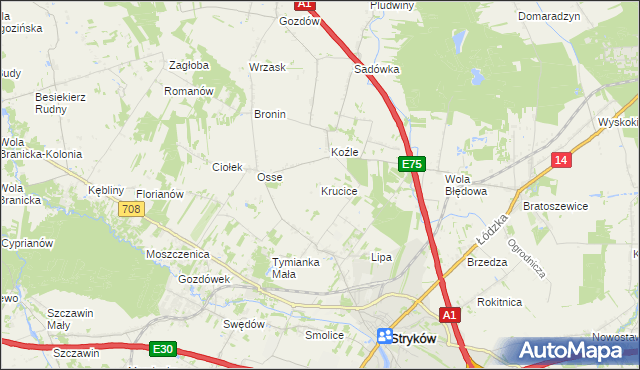 mapa Krucice gmina Stryków, Krucice gmina Stryków na mapie Targeo