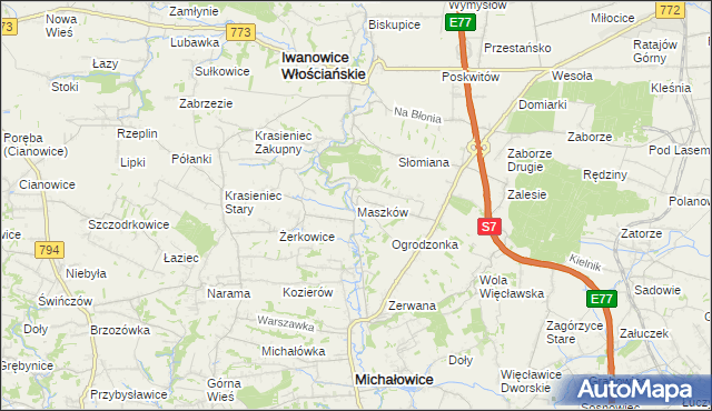 mapa Maszków gmina Iwanowice, Maszków gmina Iwanowice na mapie Targeo