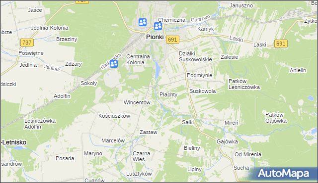 mapa Płachty gmina Pionki, Płachty gmina Pionki na mapie Targeo