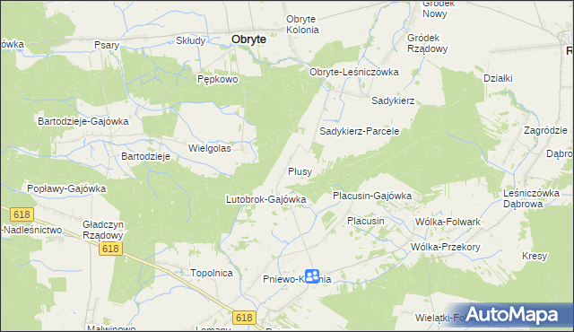 mapa Płusy gmina Obryte, Płusy gmina Obryte na mapie Targeo