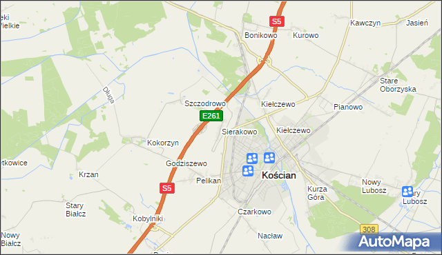 mapa Sierakowo gmina Kościan, Sierakowo gmina Kościan na mapie Targeo