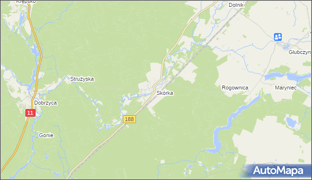 mapa Skórka gmina Krajenka, Skórka gmina Krajenka na mapie Targeo