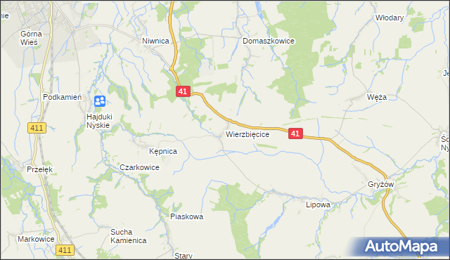 mapa Wierzbięcice gmina Nysa, Wierzbięcice gmina Nysa na mapie Targeo