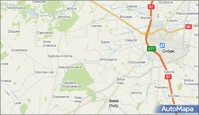 mapa Wilczogóra gmina Belsk Duży, Wilczogóra gmina Belsk Duży na mapie Targeo