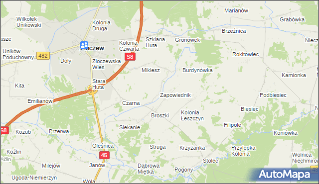 mapa Zapowiednik gmina Złoczew, Zapowiednik gmina Złoczew na mapie Targeo