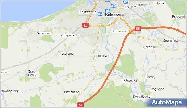 mapa Zieleniewo gmina Kołobrzeg, Zieleniewo gmina Kołobrzeg na mapie Targeo
