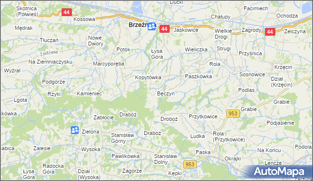 mapa Bęczyn gmina Brzeźnica, Bęczyn gmina Brzeźnica na mapie Targeo