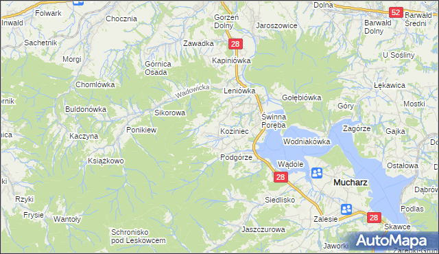 mapa Koziniec gmina Mucharz, Koziniec gmina Mucharz na mapie Targeo