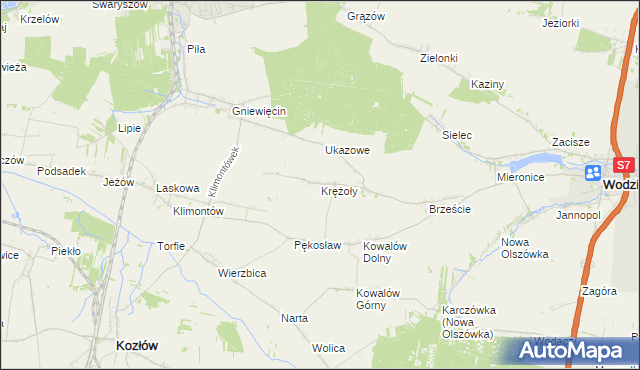 mapa Krężoły gmina Wodzisław, Krężoły gmina Wodzisław na mapie Targeo