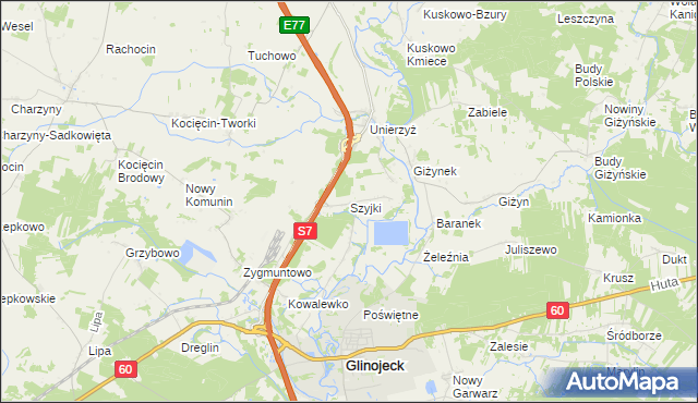 mapa Szyjki gmina Glinojeck, Szyjki gmina Glinojeck na mapie Targeo