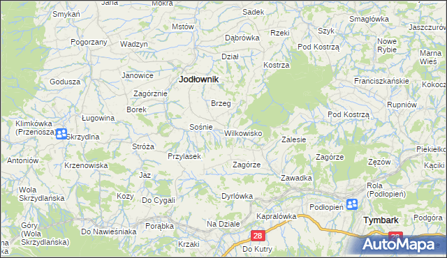 mapa Wilkowisko gmina Jodłownik, Wilkowisko gmina Jodłownik na mapie Targeo