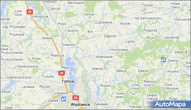 mapa Witanowice gmina Tomice, Witanowice gmina Tomice na mapie Targeo