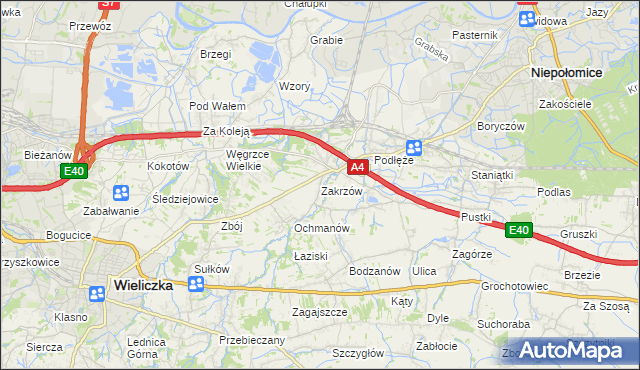 mapa Zakrzów gmina Niepołomice, Zakrzów gmina Niepołomice na mapie Targeo