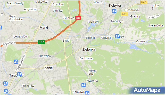 mapa Zielonka powiat wołomiński, Zielonka powiat wołomiński na mapie Targeo