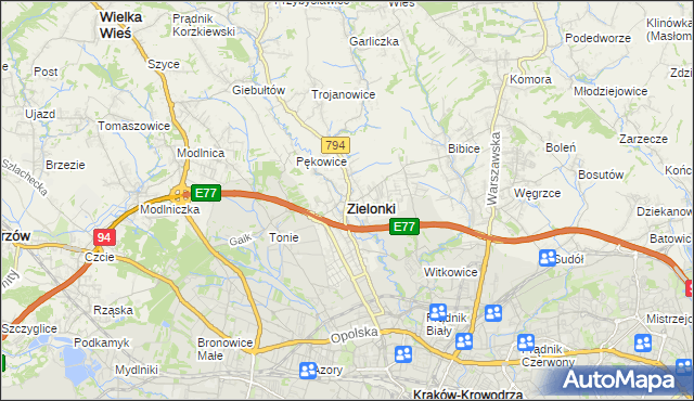 mapa Zielonki powiat krakowski, Zielonki powiat krakowski na mapie Targeo
