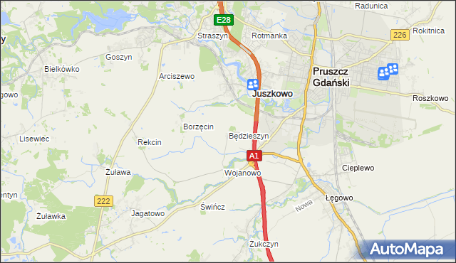 mapa Będzieszyn gmina Pruszcz Gdański, Będzieszyn gmina Pruszcz Gdański na mapie Targeo