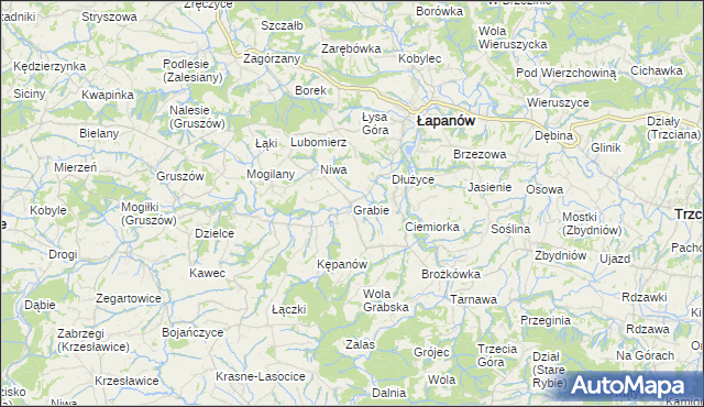 mapa Grabie gmina Łapanów, Grabie gmina Łapanów na mapie Targeo