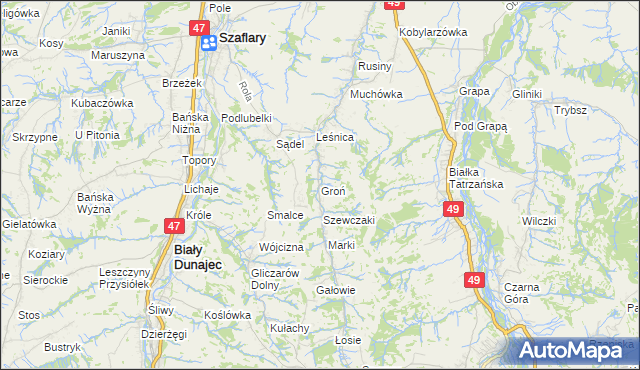 mapa Groń gmina Bukowina Tatrzańska, Groń gmina Bukowina Tatrzańska na mapie Targeo