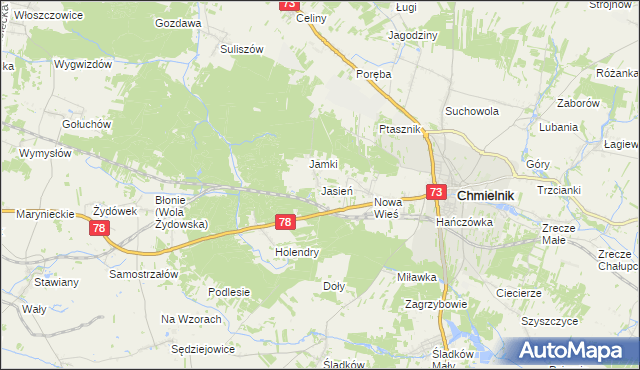 mapa Jasień gmina Chmielnik, Jasień gmina Chmielnik na mapie Targeo