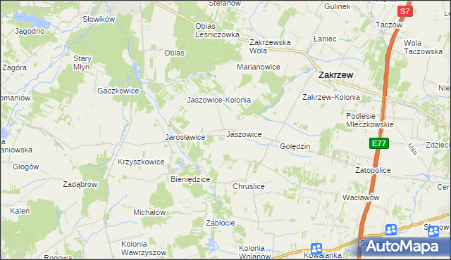 mapa Jaszowice gmina Zakrzew, Jaszowice gmina Zakrzew na mapie Targeo
