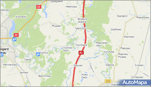 mapa Klonówka gmina Starogard Gdański, Klonówka gmina Starogard Gdański na mapie Targeo