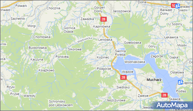 mapa Koziniec gmina Mucharz, Koziniec gmina Mucharz na mapie Targeo