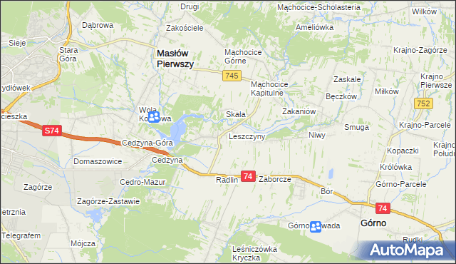 mapa Leszczyny gmina Górno, Leszczyny gmina Górno na mapie Targeo