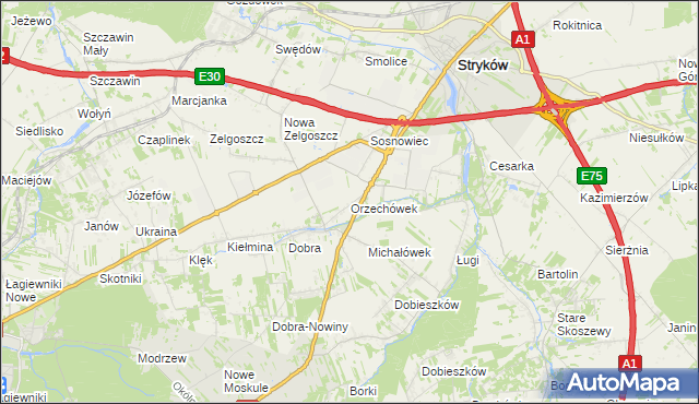 mapa Orzechówek gmina Stryków, Orzechówek gmina Stryków na mapie Targeo