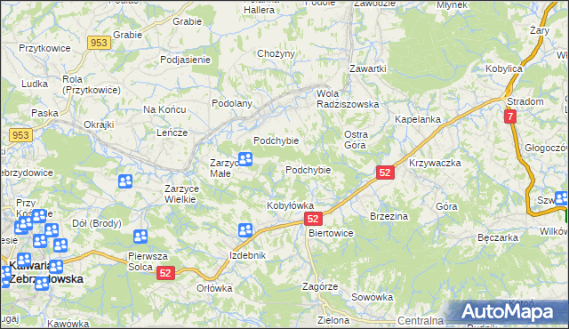 mapa Podchybie gmina Lanckorona, Podchybie gmina Lanckorona na mapie Targeo