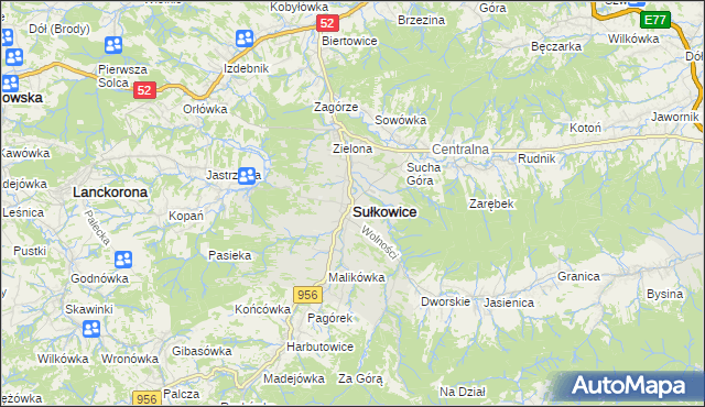 mapa Sułkowice powiat myślenicki, Sułkowice powiat myślenicki na mapie Targeo