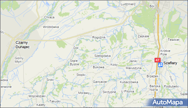 mapa Szeligówka gmina Czarny Dunajec, Szeligówka gmina Czarny Dunajec na mapie Targeo