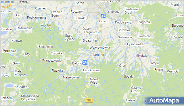 mapa Targanice, Targanice na mapie Targeo